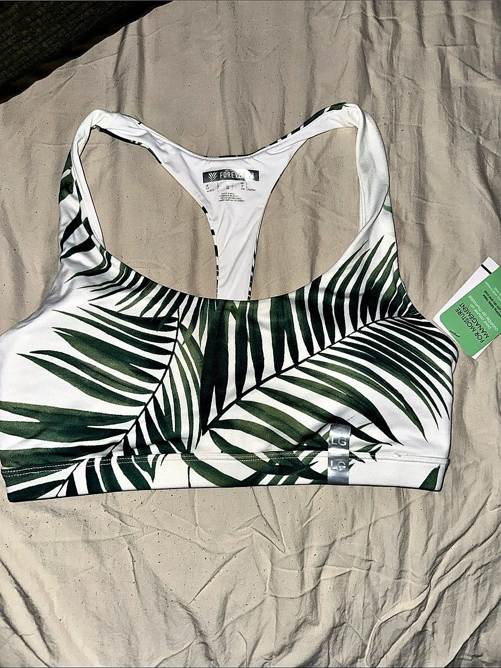 Forever 21 Green Leaf Print sports bra Size L NWT